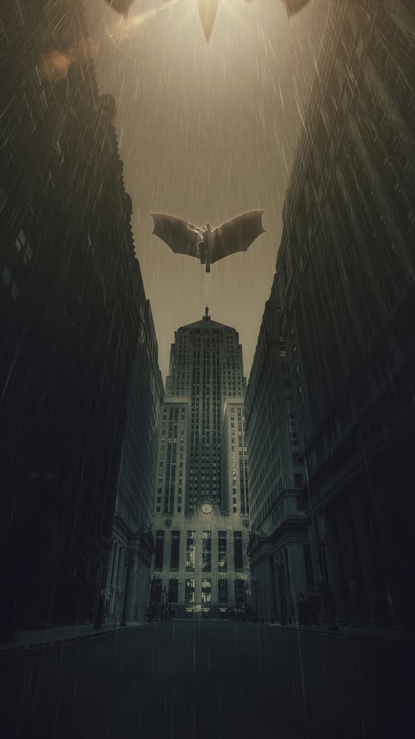 Batman's silhouette glides over rain-slicked Gotham skyscrapers under a stormy sky with a distant Bat-Signal.