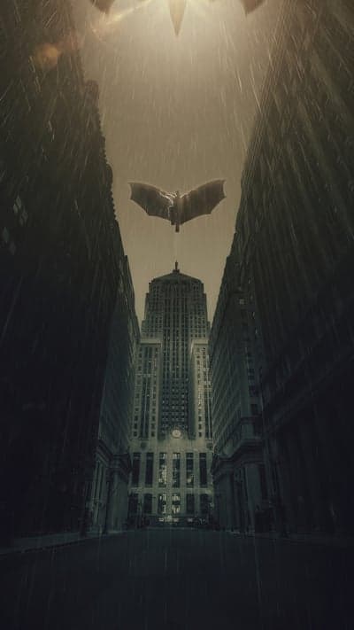 Batman Flying in the Rain Over Gotham City