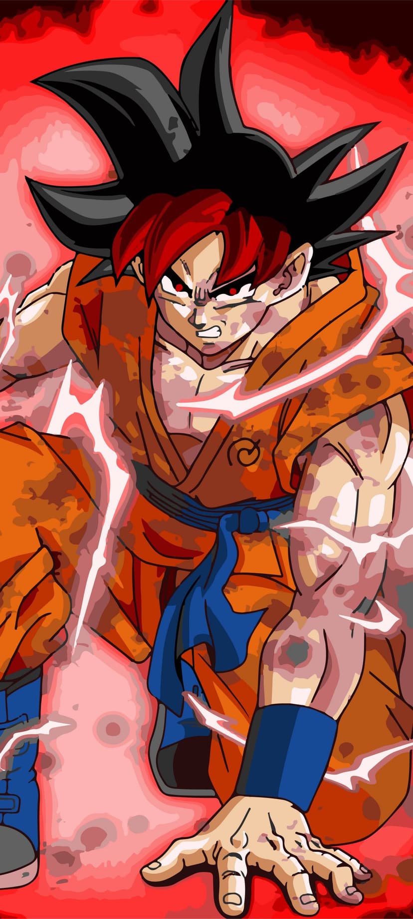 Goku stands in a fighting stance surrounded by a swirling red flame aura with intense eyes and red hair.
