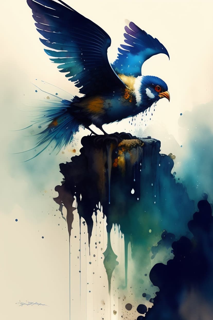 Blue winged bird perched on a dark stone pedestal amidst earthy brown and deep navy paint splashes and drips.