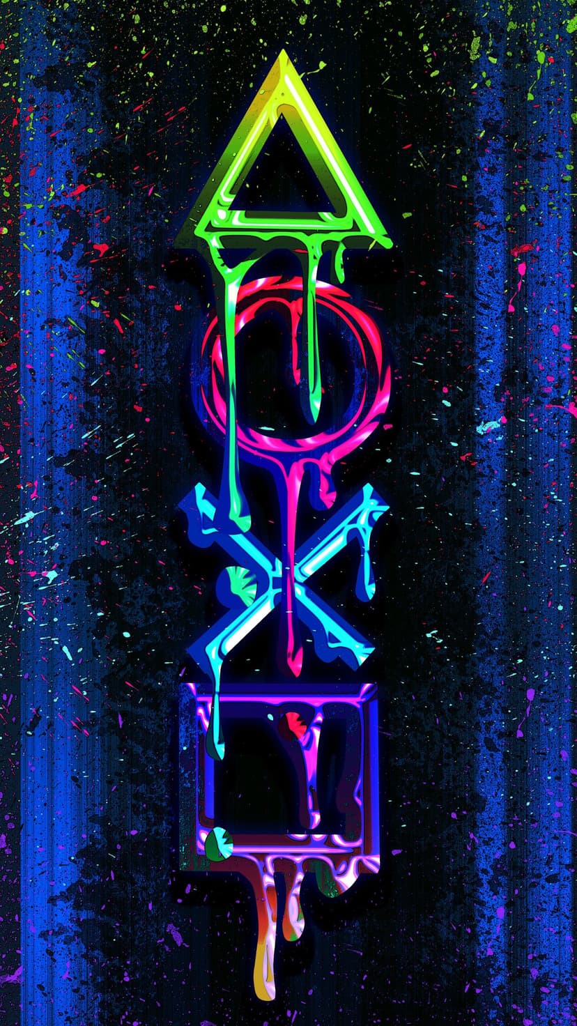 Glowing console symbols drip vibrant neon paint vertically against a dark background with blue stripes.