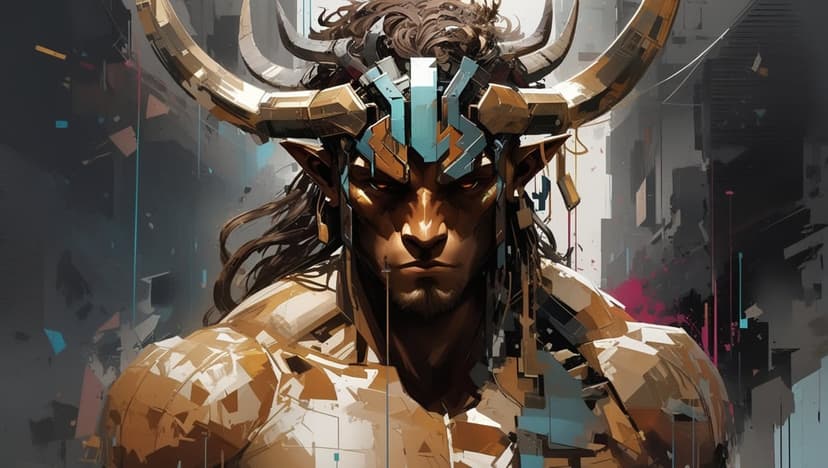 Muscular minotaur warrior with glowing gold horns and technological headdress in a neon cyberpunk city setting.