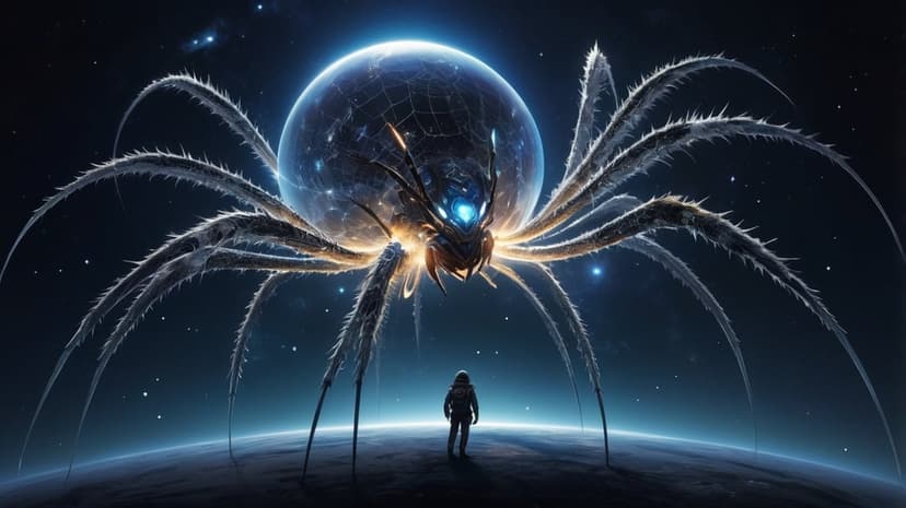 Lone astronaut gazes at a colossal spider-like entity with glowing eyes in a star-filled galactic sky.