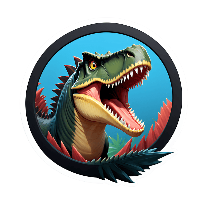 Green tyrannosaurus dinosaur head 3D render with open jaws, sharp teeth, red spikes, and blue circular background.