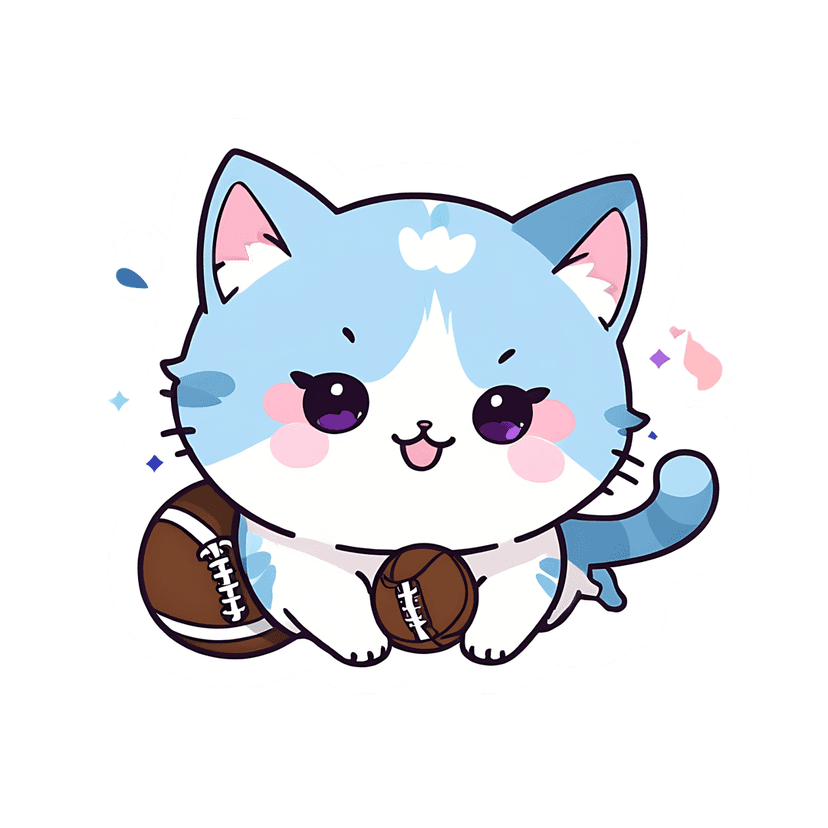 Blue kitten sticker vector graphic holds two brown footballs while featuring a white die-cut outline and large eyes.