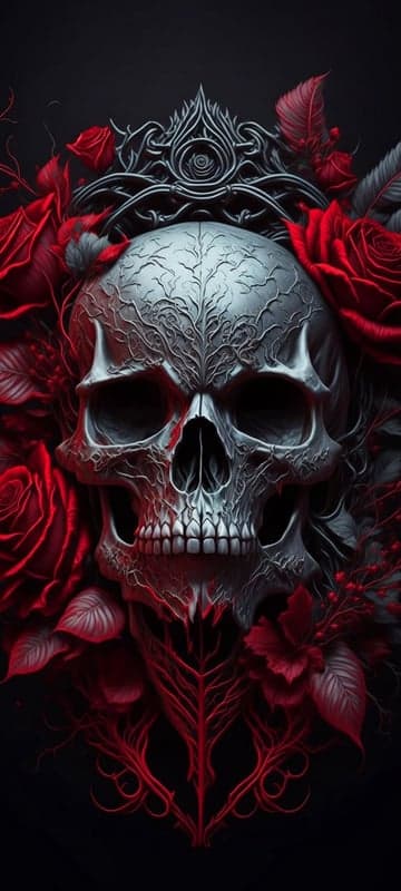 Gothic Skull Crowned with Red Roses and Intricate Details