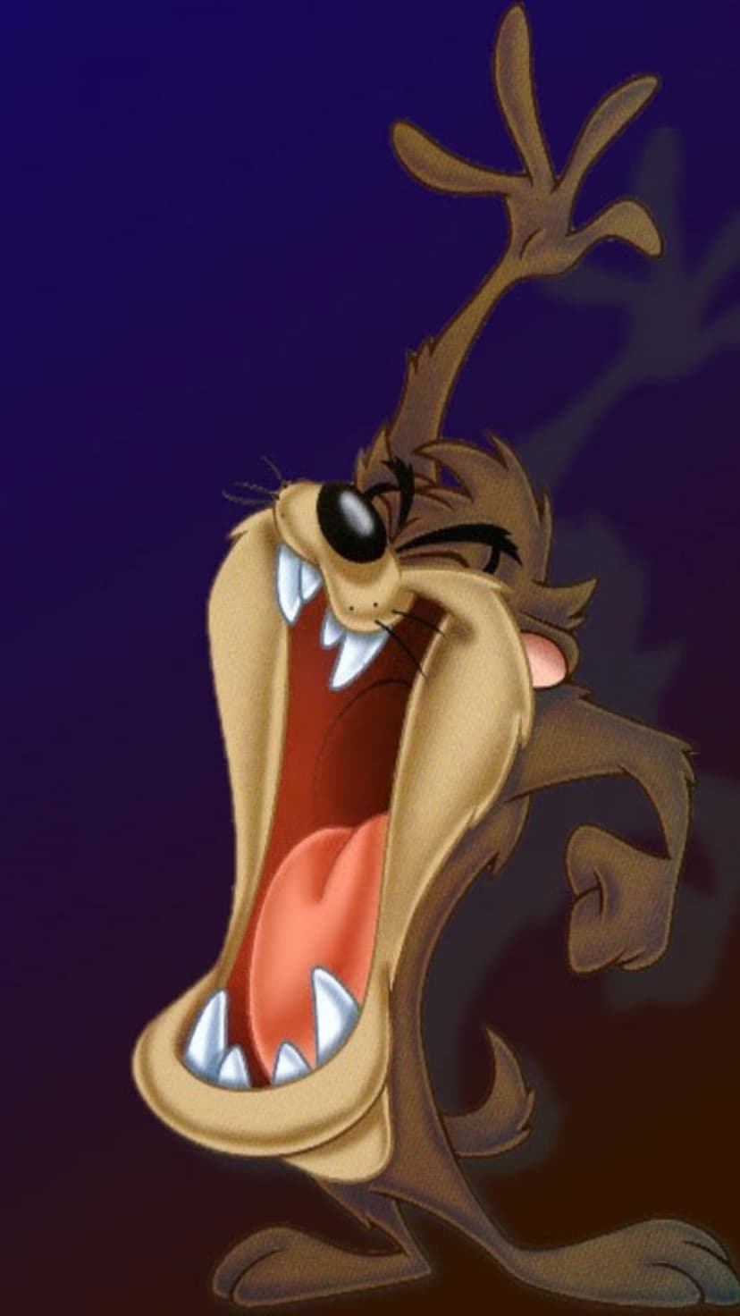 Tazmanian Devil screams with mouth wide open and arms raised against a bright, stylised saturated background.