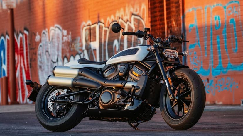 White and black Harley-Davidson Sportster S motorcycle parked in front of a colorful graffiti wall at sunset.