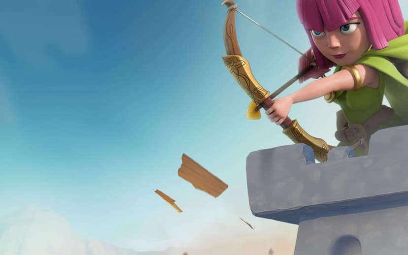 Archer with pink hair aims a golden bow from a stone tower against a clear blue sky in this game scene.