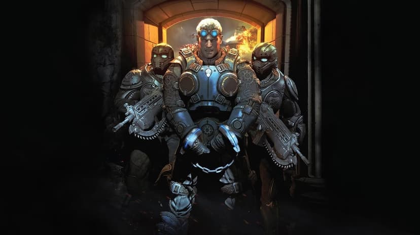 Damon Baird in handcuffs flanked by two armed soldiers in heavy armor against a fiery city background.