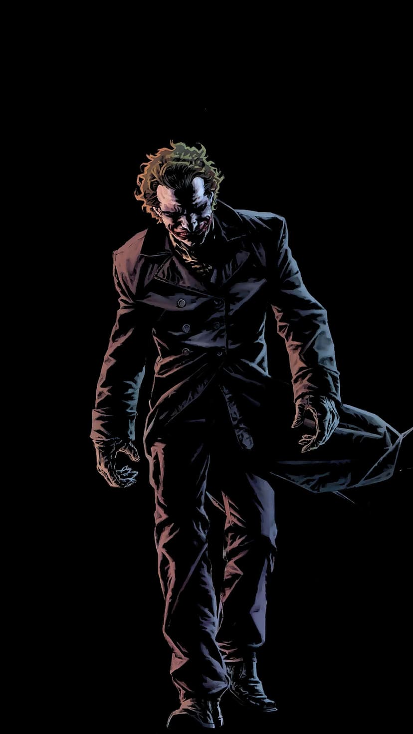 Joker in a dark trench coat with a sinister grin and disheveled hair standing amidst moody vertical shadows.