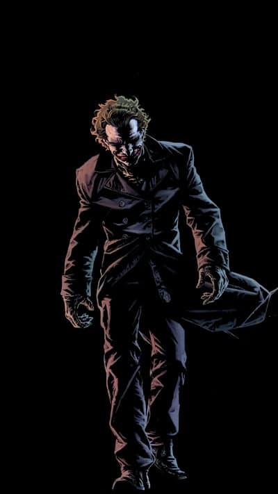 Joker in dark trench coat, menacing pose