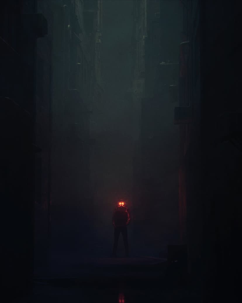 Hooded silhouette with glowing red eyes standing in a hazy, dark alleyway between tall futuristic buildings.
