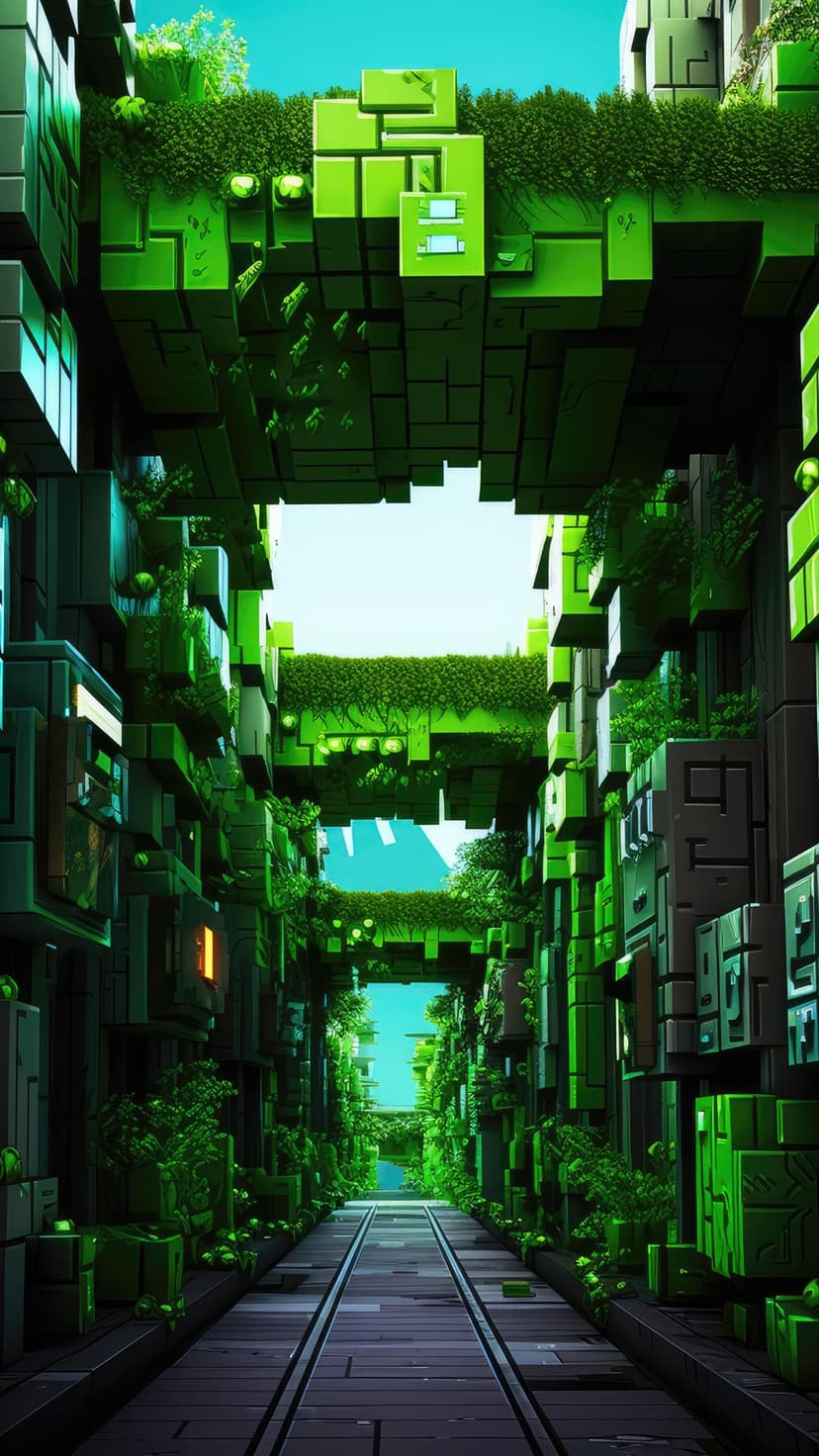 Moss-covered geometric skyscrapers flank a narrow stone pathway under a clear blue sky in a sustainable city.