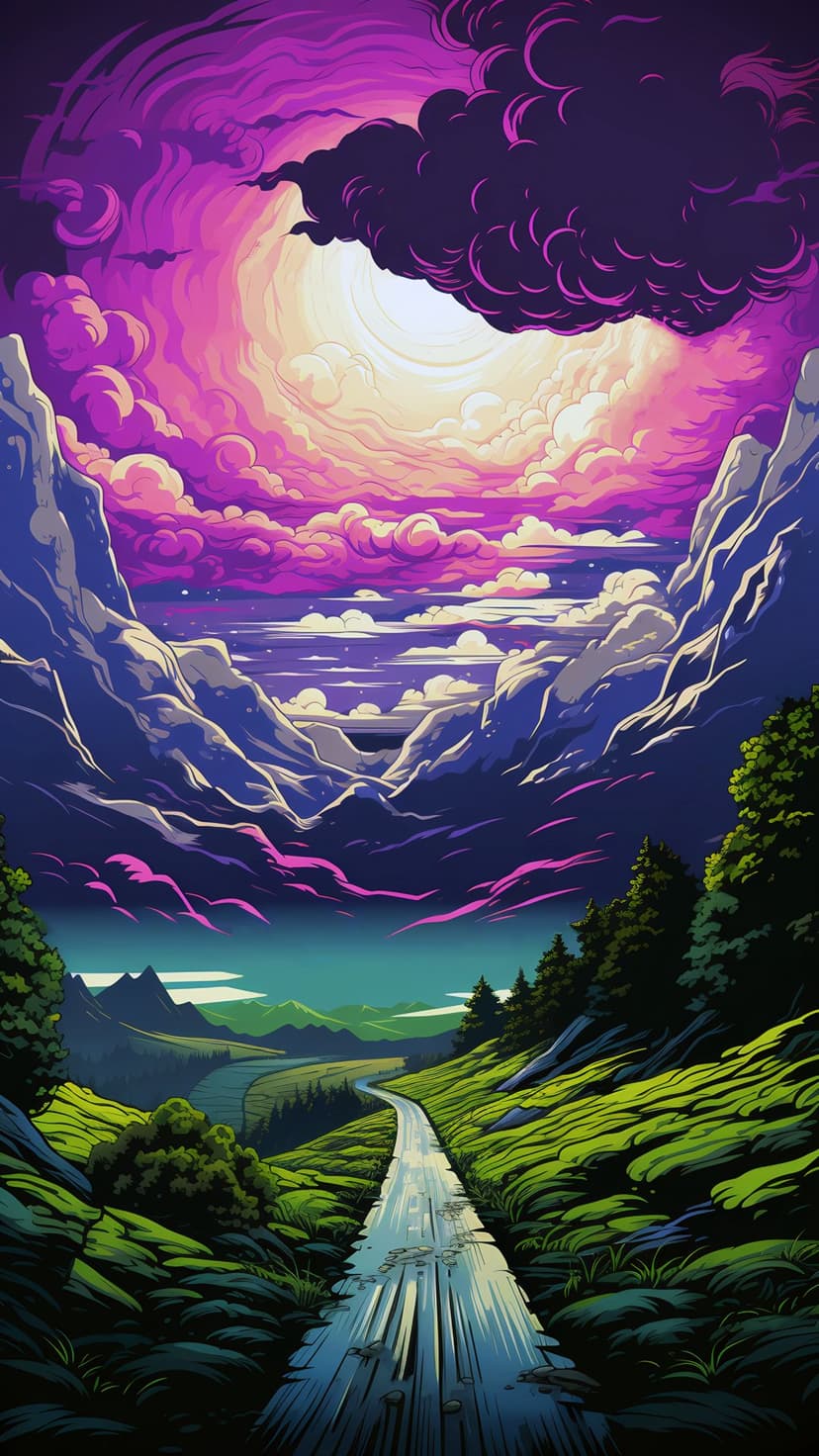 Sharp angular mountains rise above a reflective river valley under a vivid purple and orange sunset sky.