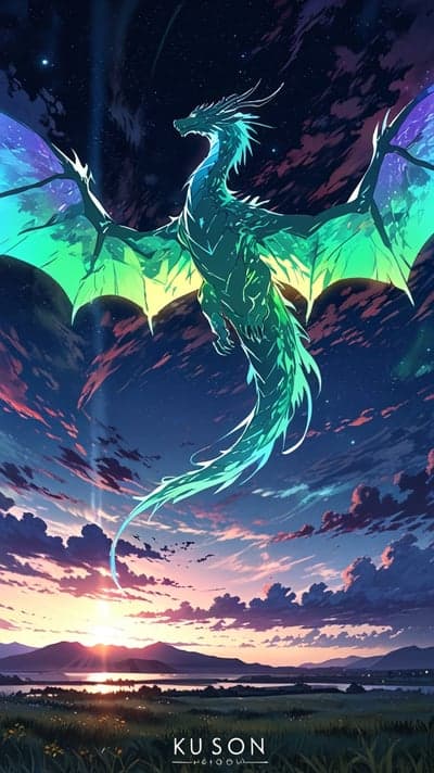 Mythical Teal Dragon Flight Cosmic Sunset Phone Wallpaper