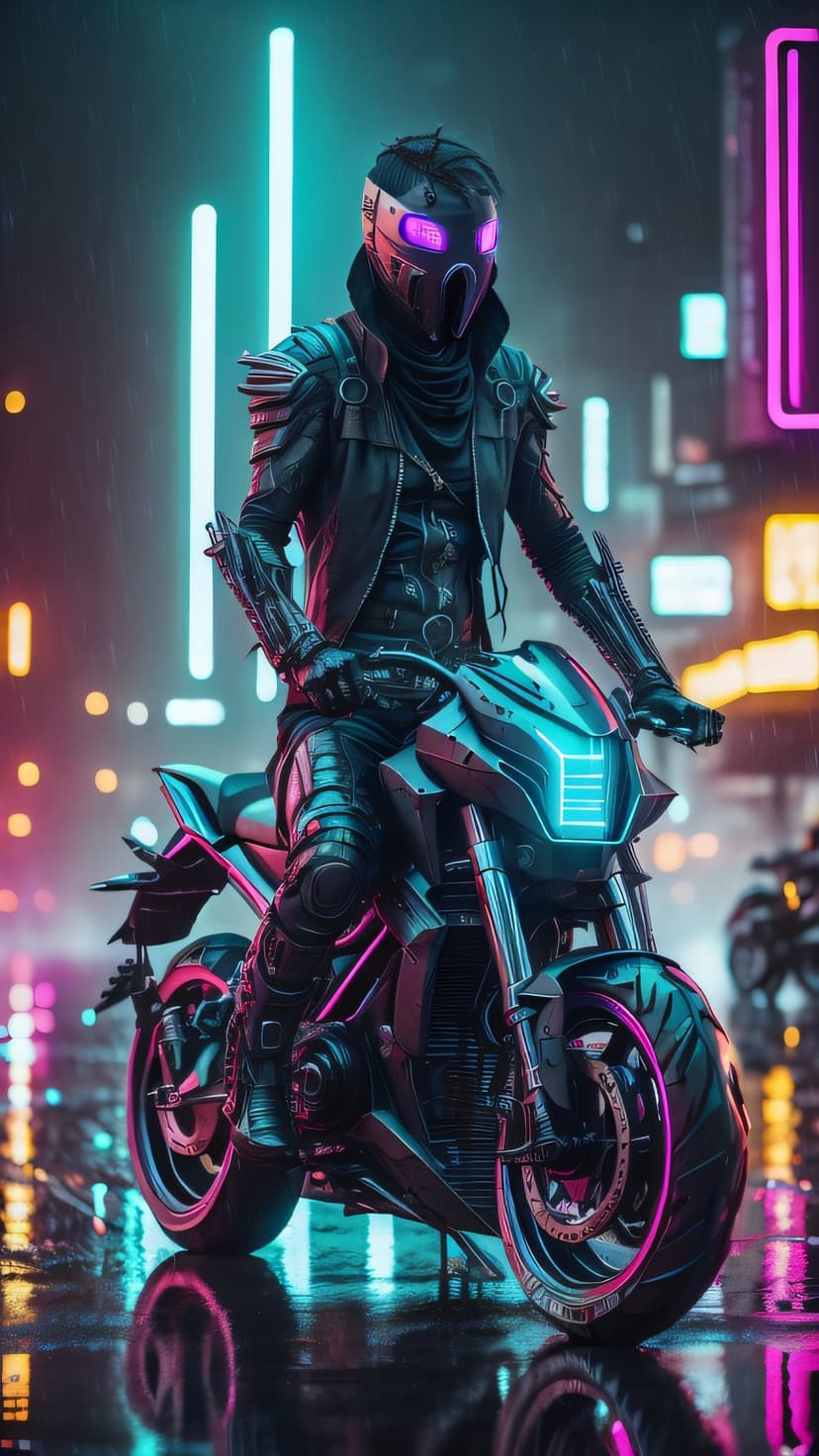 Cyberpunk motorcyclist with glowing purple eyes rides a neon-lit bike through rain-slicked city streets at night.