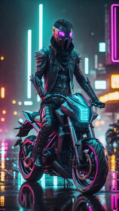 Cyberpunk Rider on Neon-Lit Motorcycle in Rainy City