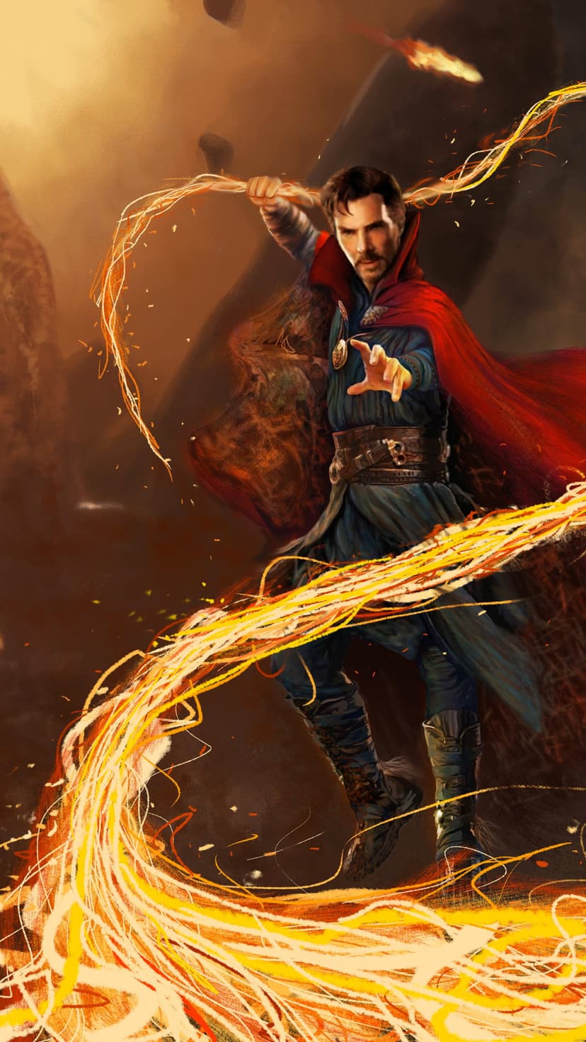 Doctor Strange raises glowing orange mystical circles amidst flying embers while his red cloak swirls in the wind.