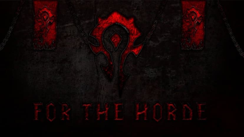 Red Horde crest on dark stone background with banners and the phrase FOR THE HORDE in glowing distressed font.