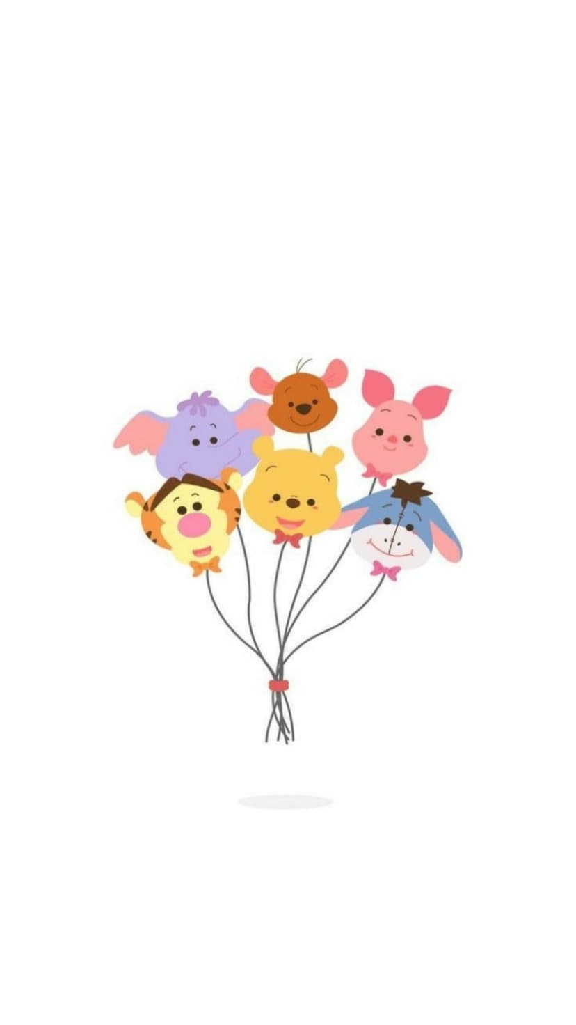 Winnie the Pooh and friends as round balloons tied with a red ribbon against a soft, light background.