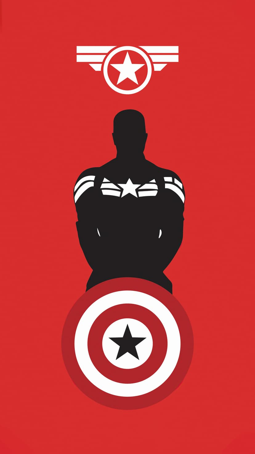 Captain America silhouette with a star chest emblem and circular shield against a solid red background.