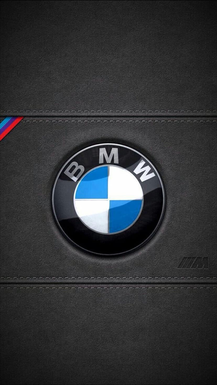 BMW logo and tricolor M stripe embossed on a black textured leather surface with fine edge stitching detail.