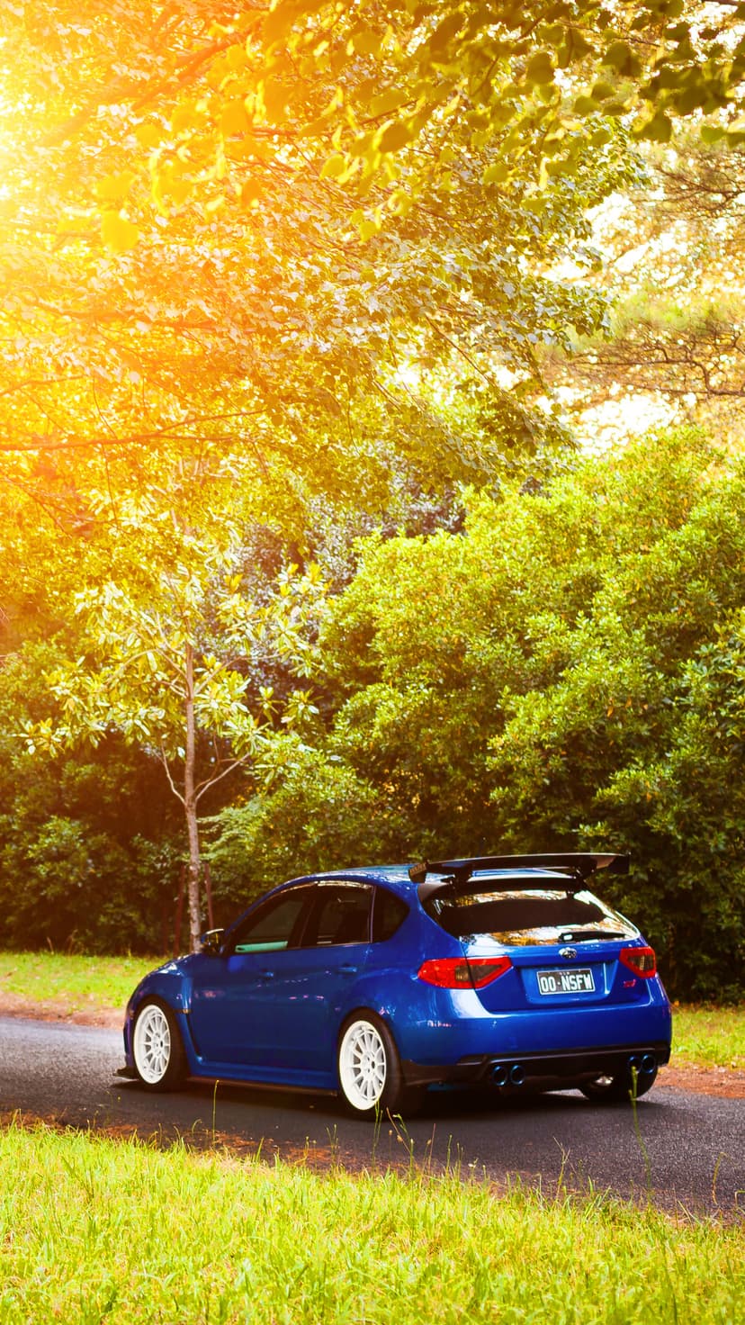 Blue Subaru WRX STI hatchback with white wheels and a large spoiler on a sun-drenched road through a green forest.