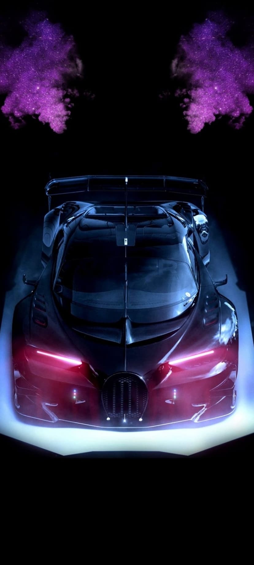 Bugatti hypercar with glowing red headlights sits beneath a swirling purple and blue cosmic nebula cloud.