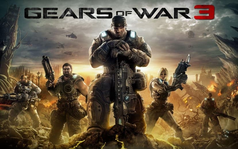 Marcus Fenix and COG soldiers stand with Lancers in a ruined city under a dramatic orange and grey sky.