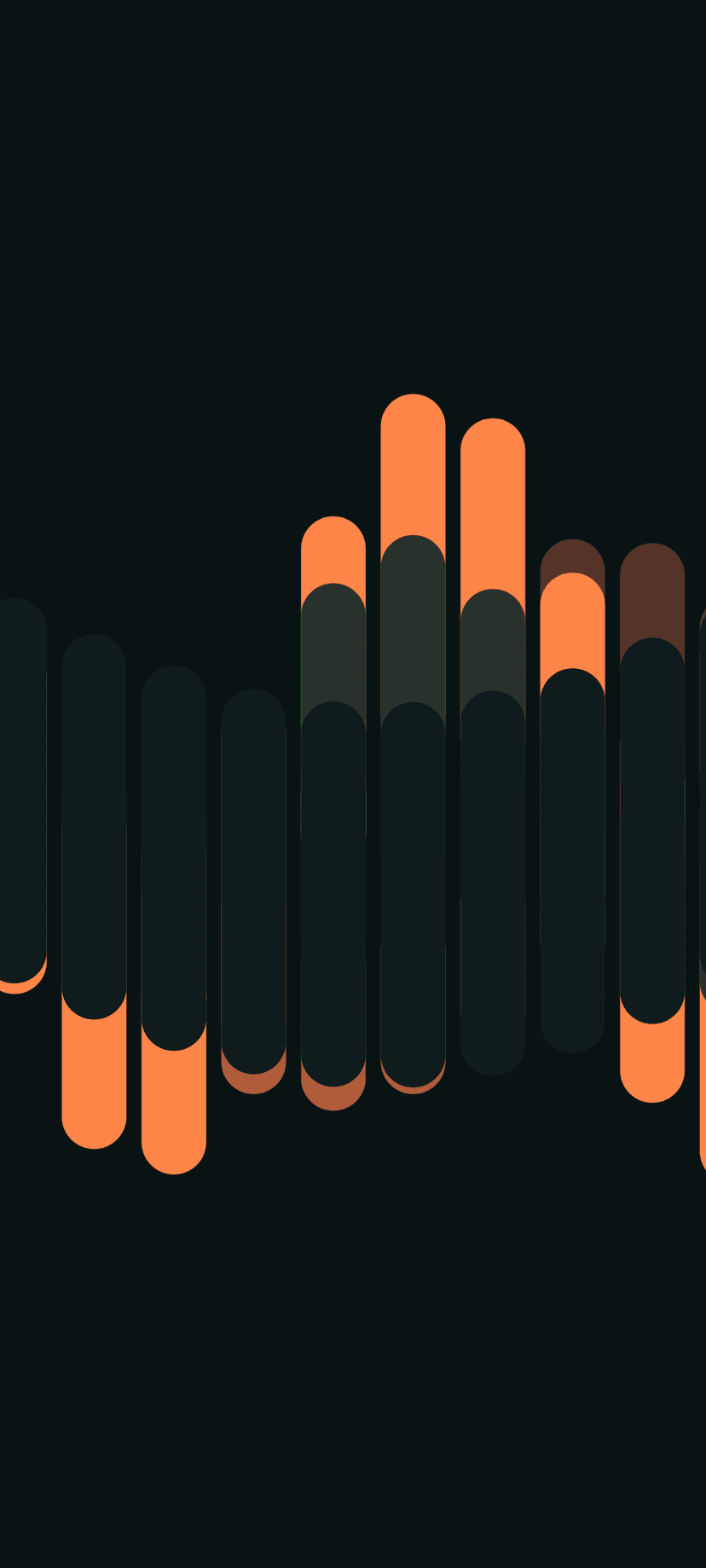 Vertical rounded orange and charcoal bars of varying heights pulse across a dark, minimalist background.
