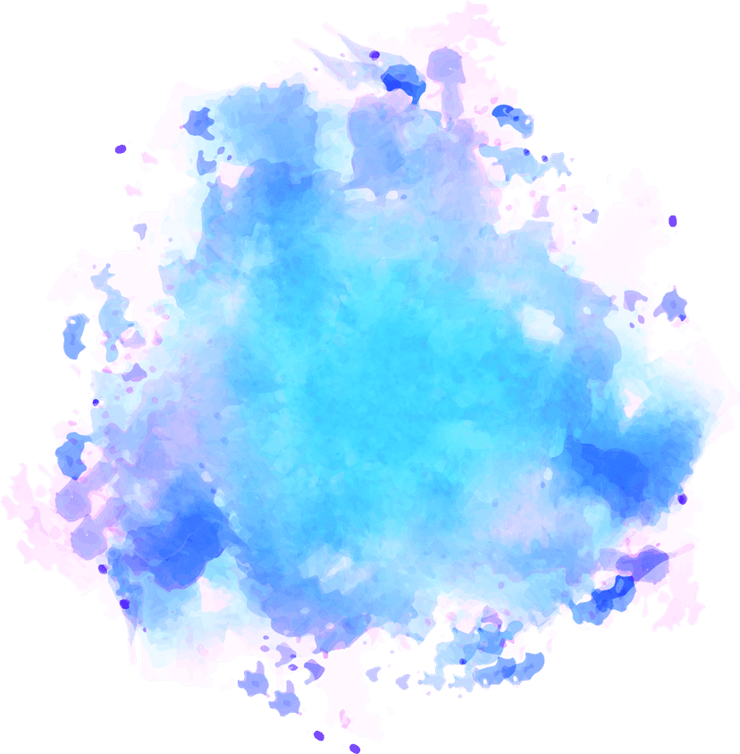 Watercolor abstract leaves featuring sky blue graffiti textures and purple paint splatters on a clear background.