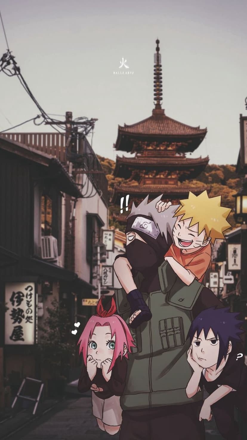 Kakashi Hatake carries Naruto on his shoulders while Sakura and Sasuke walk past a traditional Japanese pagoda.
