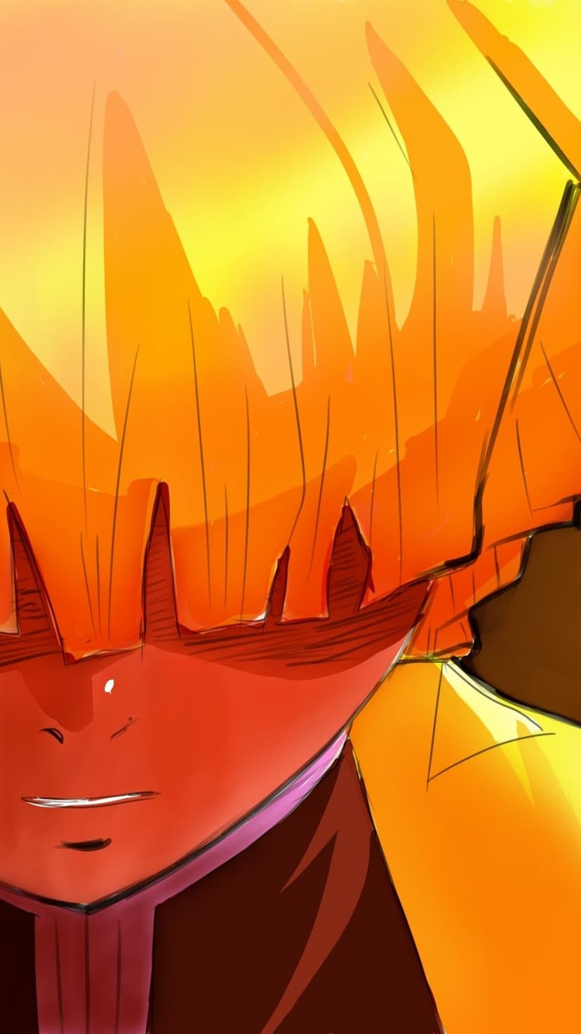 Zenitsu Agatsuma with glowing yellow hair and orange highlights shown in a tight close-up under sunset lighting.