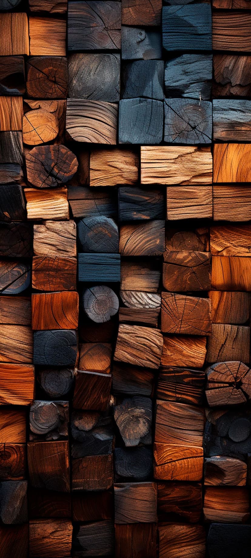Interlocking wooden blocks with varied grains and charred textures are arranged in a dense, vertical mosaic.