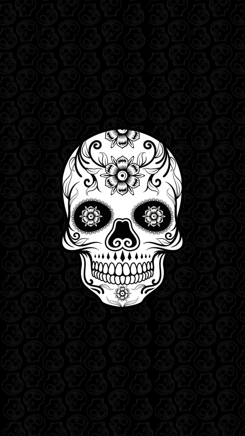 Sugar skull with floral engravings and decorative swirls centered on a repeating pattern of faded skull outlines.