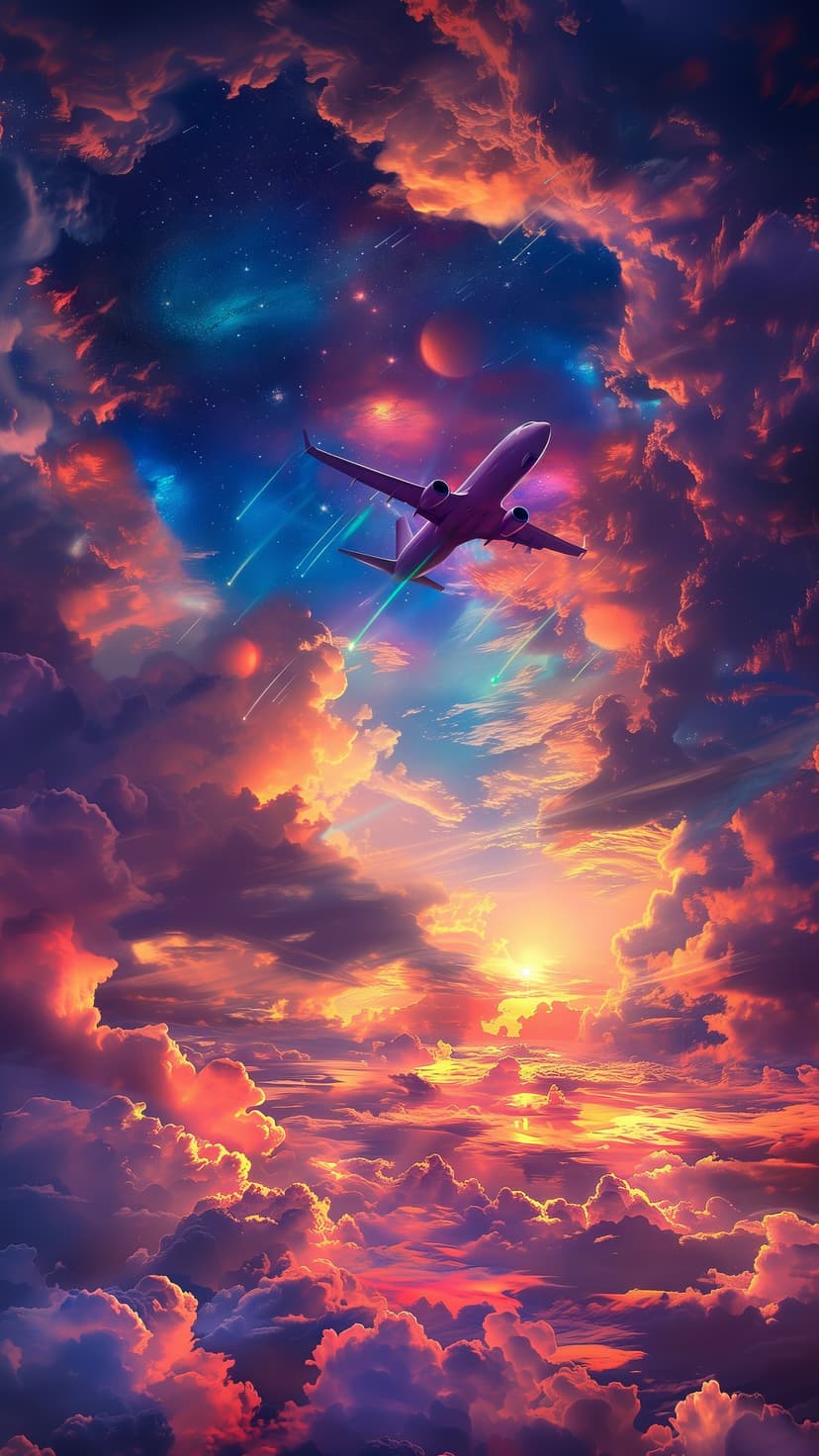 Purple aircraft soaring through orange sunset clouds and a starry galaxy with glowing meteor streaks overhead.