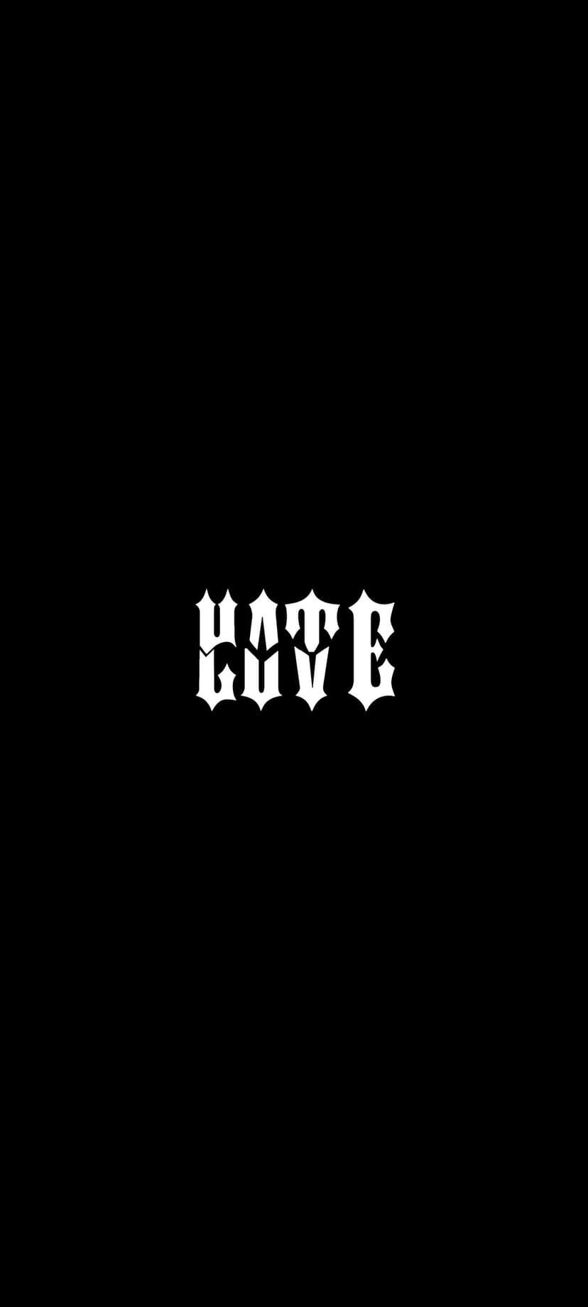 White gothic lettering spelling HATE centered against a solid black background with sharp calligraphic serifs.