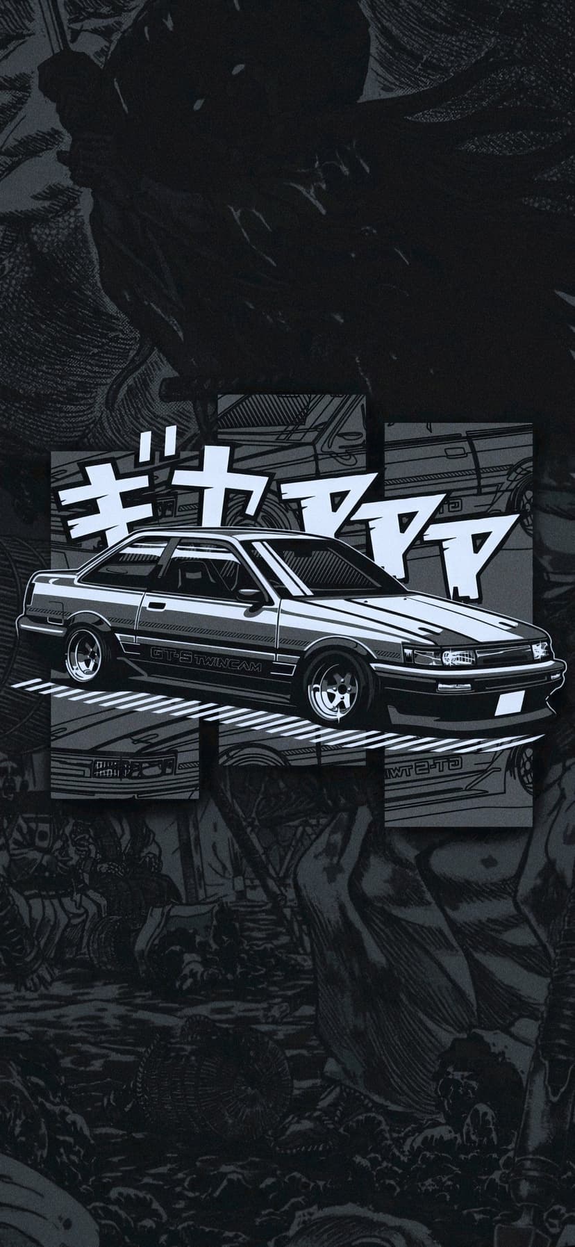 Vintage Japanese coupe parked in front of large Katakana text with detailed monochrome cross-hatched shading.
