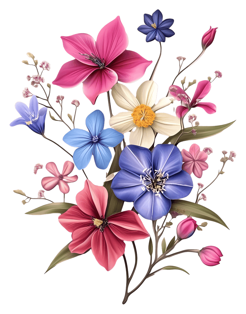 Autumn floral bouquet featuring layered orange and red petals with green foliage in a matte illustration style.