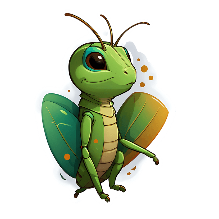 Lime grasshopper vector with large leaf wings features a glossy finish and white die-cut border for sticker use.