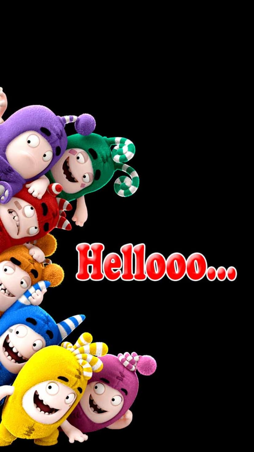 Tiny colorful cartoon characters wearing hats peek from a corner near a red hello sign on a black background.