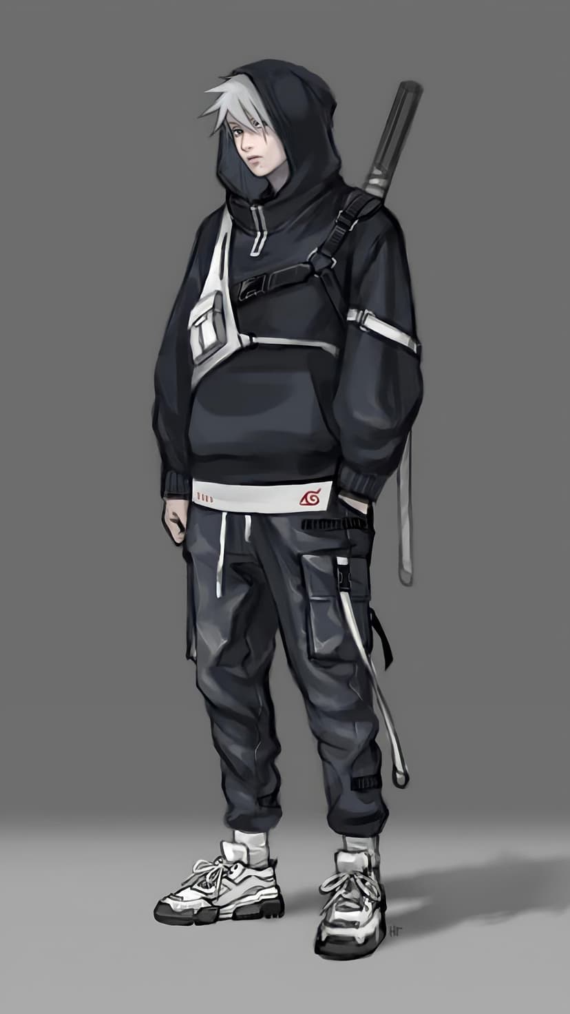 Anime male protagonist wearing a black hooded jacket and cargo pants with a sword strapped to his back.