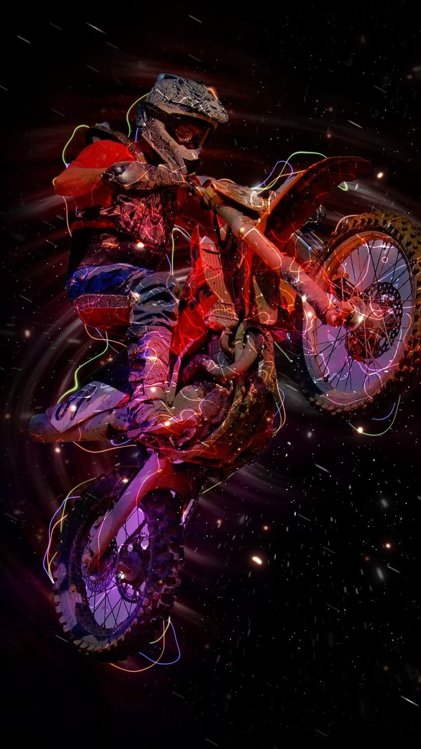 Motocross rider on a dirt bike performs a jump amidst red and purple light trails against a starry cosmic sky.