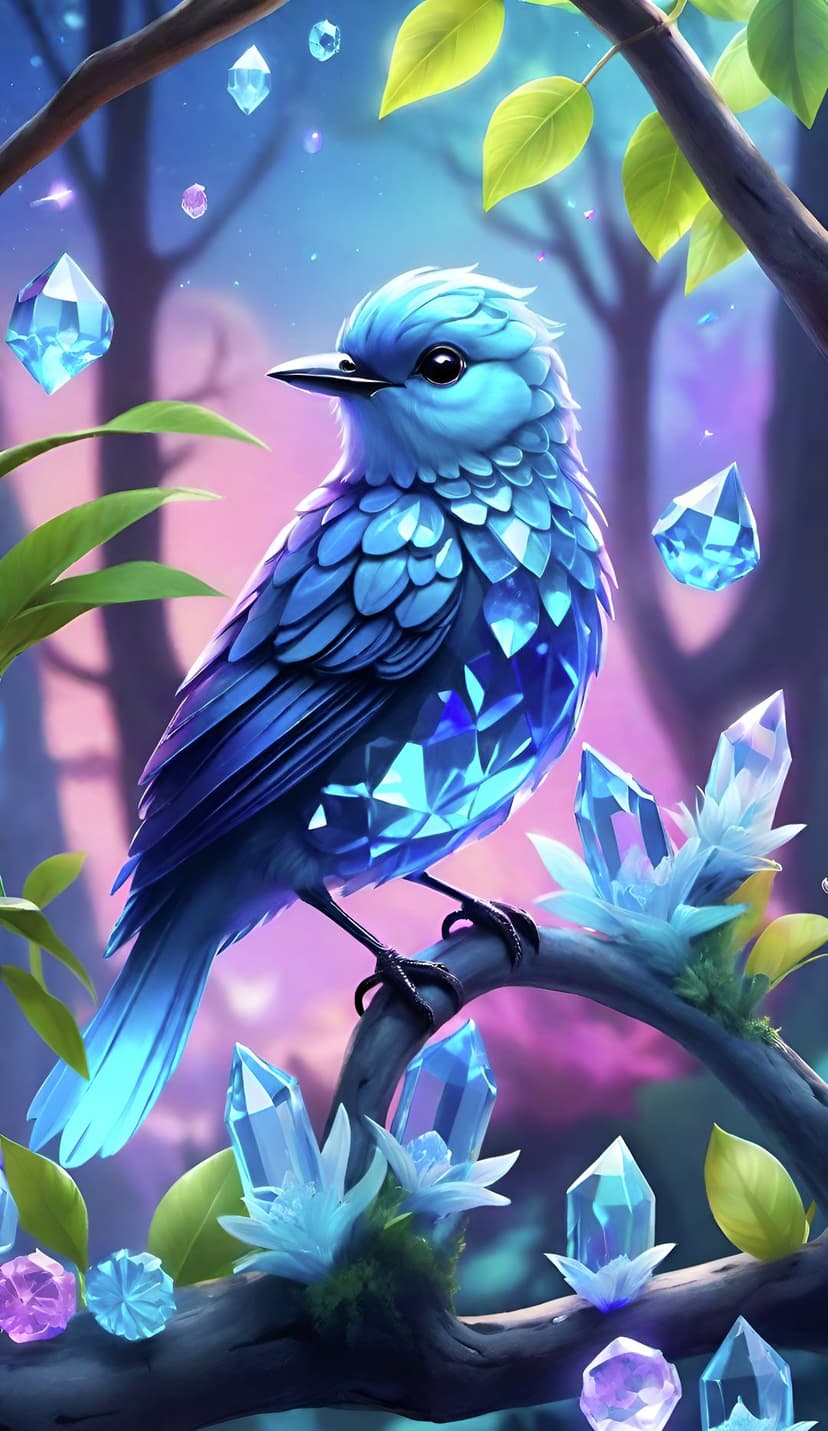Sapphire crystal bluebird with faceted feathers perches on a mossy branch amidst glowing forest flora.