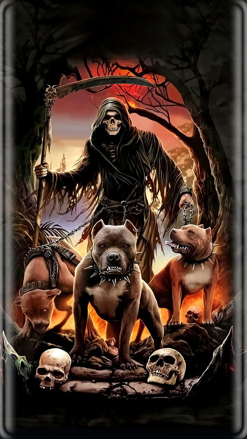 Grim Reaper holding a scythe leads three pit bulls on chains through a field of skulls under a fiery orange sky.