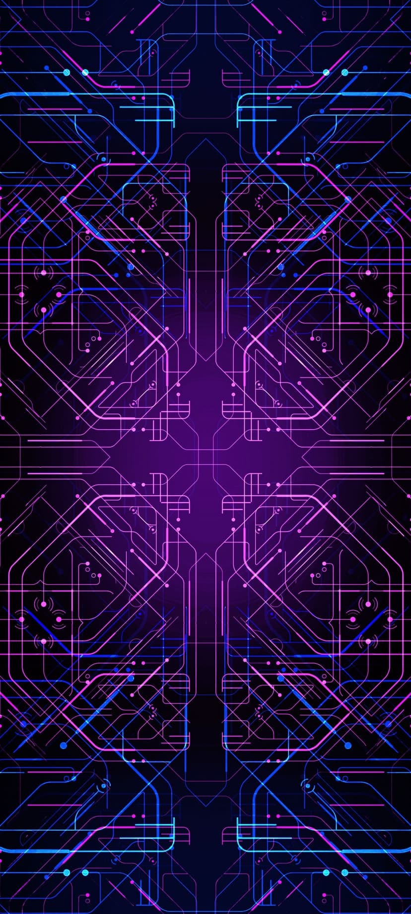 Glowing pink and blue circuit board lines intersect on a dark purple surface in a symmetrical vertical layout.