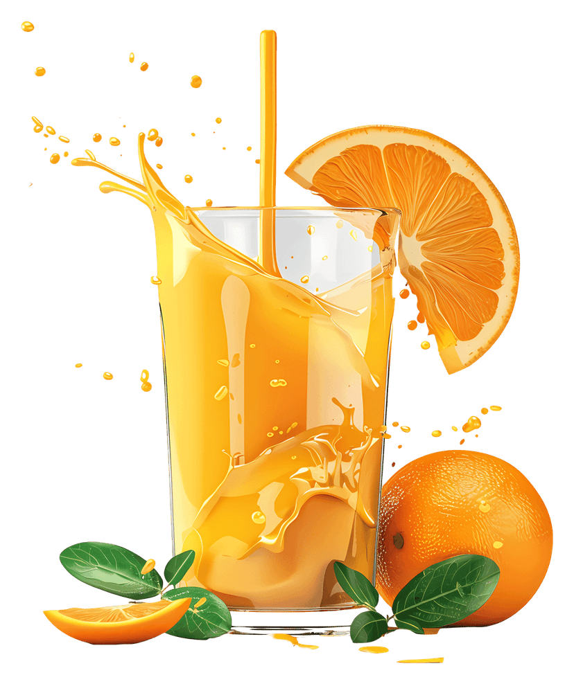 Orange juice splashing from a glass near a sliced citrus fruit featuring realistic liquid droplets and seeds.