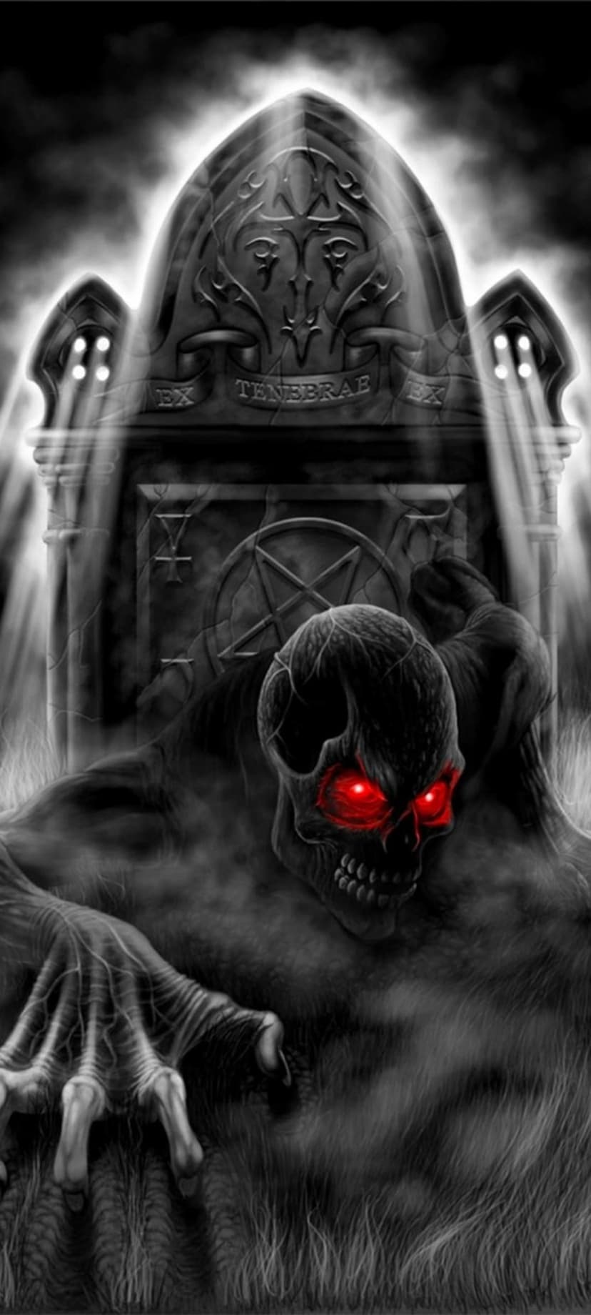 Skull-faced monster with glowing red eyes rises from a grave beside a tombstone inscribed with Ex Tenebrae.