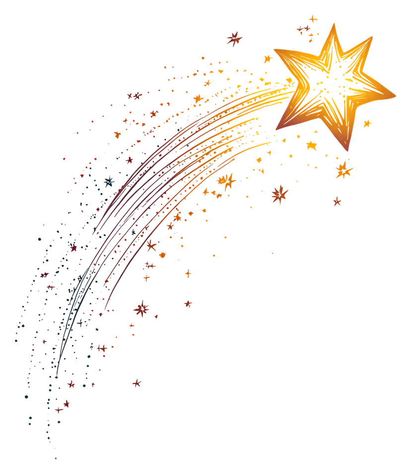 Golden shooting star with glowing trail features metallic sparkles and a sharp meteor head on a clear background.
